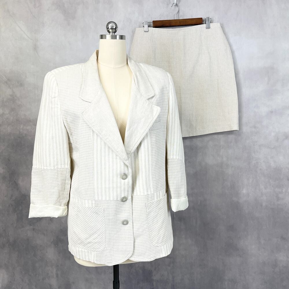 Brandon Thomas Womens Skirt Set Size 14 Linen Ramie Patchwork Coastal Career Tan